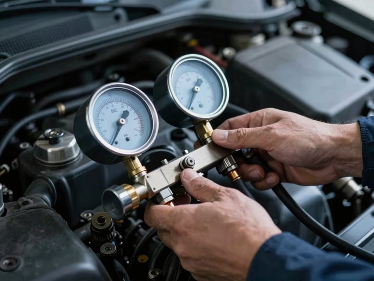 Hands of a mechanic adjusting AC pressure gauges in an engine bay, cool workshop light, metallic gray tones, professional photography