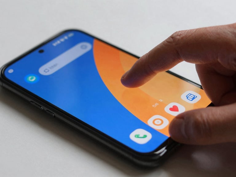 Macro close-up shot of a hand interacting with a vibrant blue and orange pattern-matching interface on an Android phone screen, soft natural shadows.