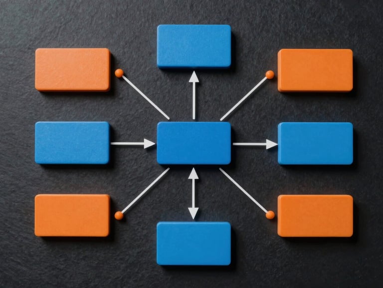 Top-down view of a clean, minimalist vector flowchart illustrating decision-making paths in a logic puzzle, bright blue and orange accents on a dark slate background.