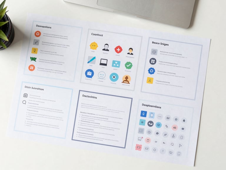 Top-down flat lay of interactive e-learning wireframes on a clean desk, showcasing custom vector iconography and precise typographic systems, bright even lighting, soft shadows.