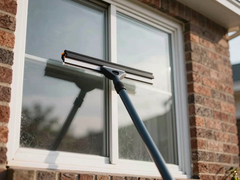 Close-up of a squeegee gliding across a large residential window on a South Shore bungalow, morning daylight reflecting off the clean glass, brick exterior visible to the side