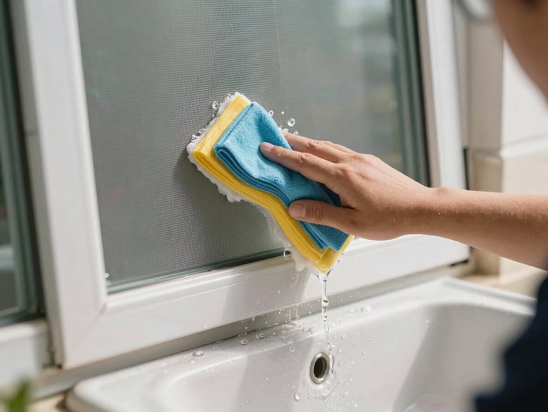 Close-up of a technician's hands scrubbing a window screen over a utility sink outdoors, bright daylight, clean aluminum frame and mesh visible after rinsing