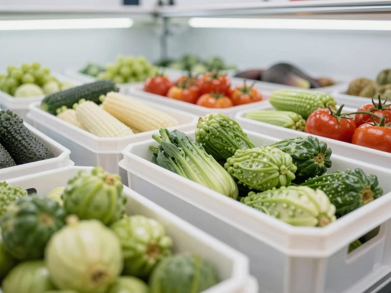 Close-up of organized crates of fresh Texas produce inside a brightly lit commercial refrigerated warehouse.