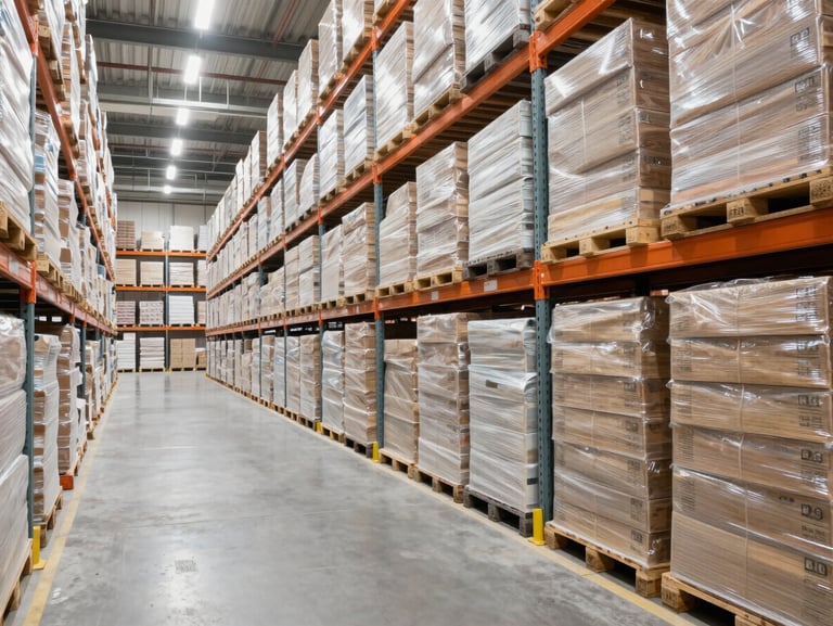 Wide-angle shot of clean, organized warehouse aisles with dry goods stacked on tall industrial pallets, bright industrial lighting.