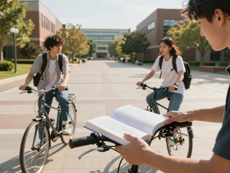 Dynamic first-person perspective of two college students swapping a bicycle and a textbook on a sunny campus plaza, natural late afternoon light, hands-on interaction, modern urban environment.