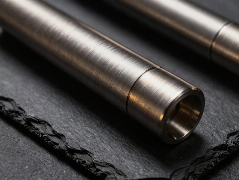 Close-up of brushed titanium components resting on a dark slate surface, precise engineering, dramatic side-lighting.