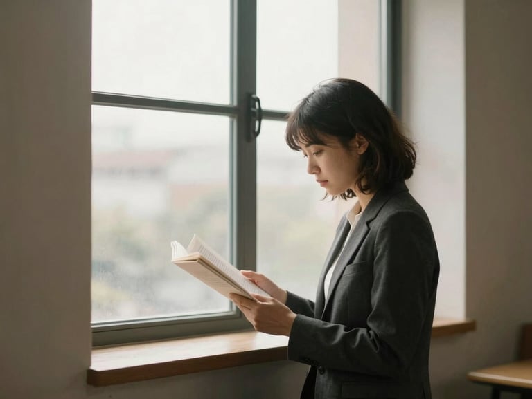 Medium-long environmental shot of a quiet professional reading near a large window, soft high-key daylight, muted earth tones, avoiding direct eye contact.
