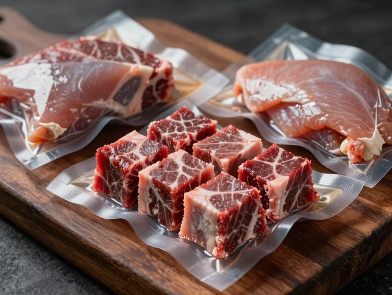 Tight macro shot of premium raw beef cubes and fresh chicken fillets in individual vacuum packs, arranged on a dark wooden chopping block, low-key dramatic lighting.