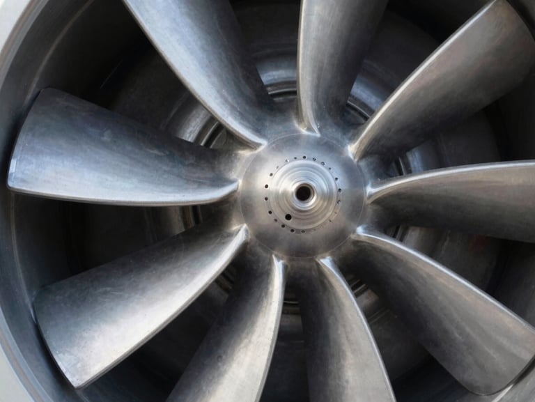 Macro close-up of a refurbished V94.2 Stage 1 turbine blade, showing pristine metallic finish and precise cooling hole geometries under cool daylight