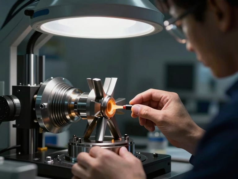 A technician in a high-precision lab using dye penetrant NDT testing on a turbine blade root, glowing under ultraviolet inspection light in a dark environment.