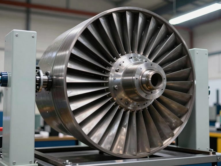 Wide angle shot of a V94.2 turbine rotor disk being prepared for balancing on a heavy-duty industrial alignment rig