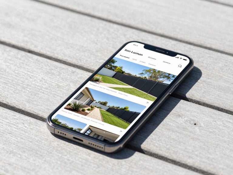 A smartphone showing a modern landscaping and fencing gallery website, resting on a clean timber deck, bright outdoor daylight, sharp focus