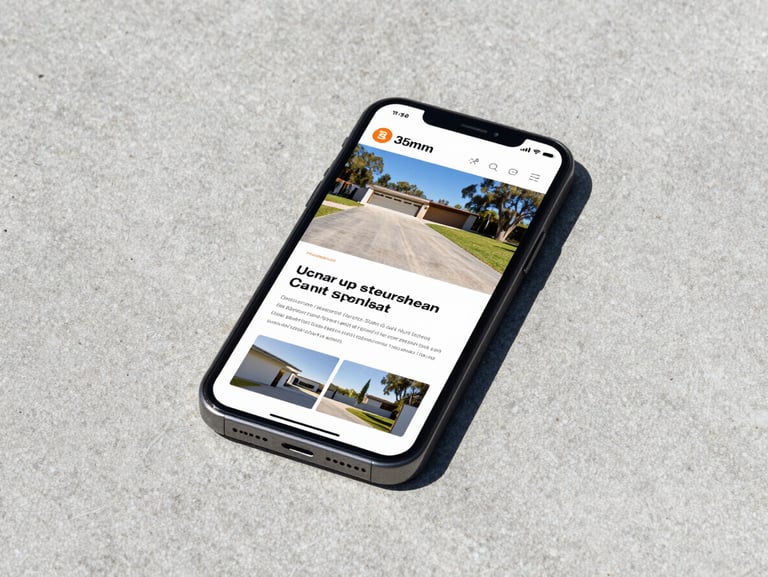 A smartphone displaying a concrete driveway specialist website, resting on a newly poured concrete surface, bright daylight, sharp focus