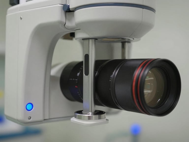 Close-up of a calibration tool measuring radiation levels on a dental X-ray head, sterile clinic background, blue indicator lights