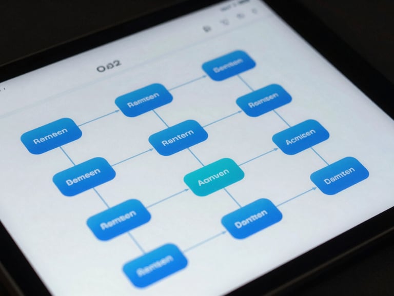 Macro close-up of a tablet interface displaying a clean system architecture diagram with nodes and lines, cool blue and cyan digital screen lighting, sharp technical details, dark background.