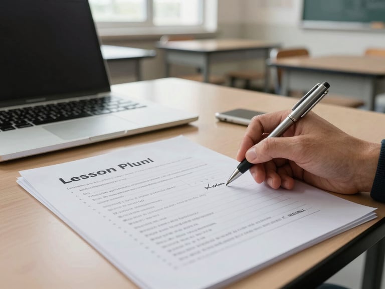 Close-up of a printed lesson plan document on a classroom desk next to an open laptop, educator's hand holding a pen making a small annotation, available daylight from a side window, empty classroom chairs visible softly out of focus in the background