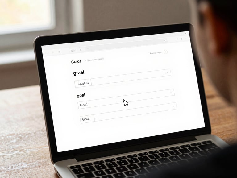 Over-shoulder shot of a laptop screen on a kitchen table, close-up of a clean web form with three visible input fields — grade, subject, goal — cursor hovering in the goal field, warm window light from the left, no face visible