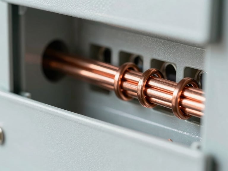 Macro shot of clean copper wiring inside a modern residential electrical panel, bright work light, sharp focus, professional setup