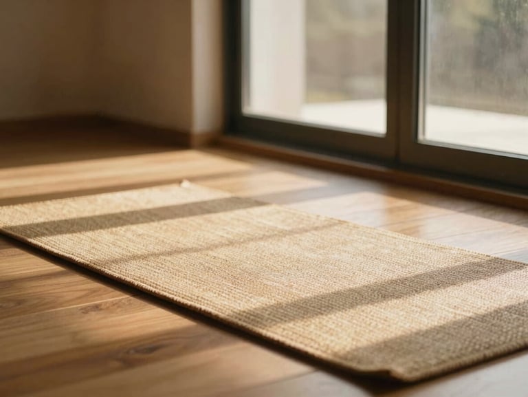 Sunlight streaming through a large window onto empty woven meditation mats on a warm wooden floor, peaceful atmosphere