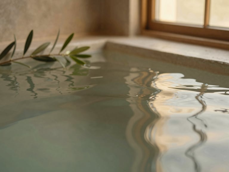Quiet surface of warm thermal water with gentle ripples, green olive leaves floating on the edge, soft golden-hour window light