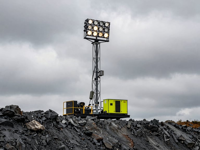 Industrial mobile lighting tower and generator set up on a rocky mining ledge, dramatic overcast sky, high-contrast technical details.