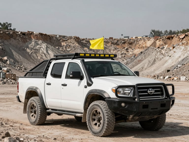 Low-angle heroic shot of a white mining-spec pickup truck with safety roll cage and high-visibility yellow flag, parked in a dusty open-pit mine, harsh daylight, high-contrast desaturated tones with yellow accents.