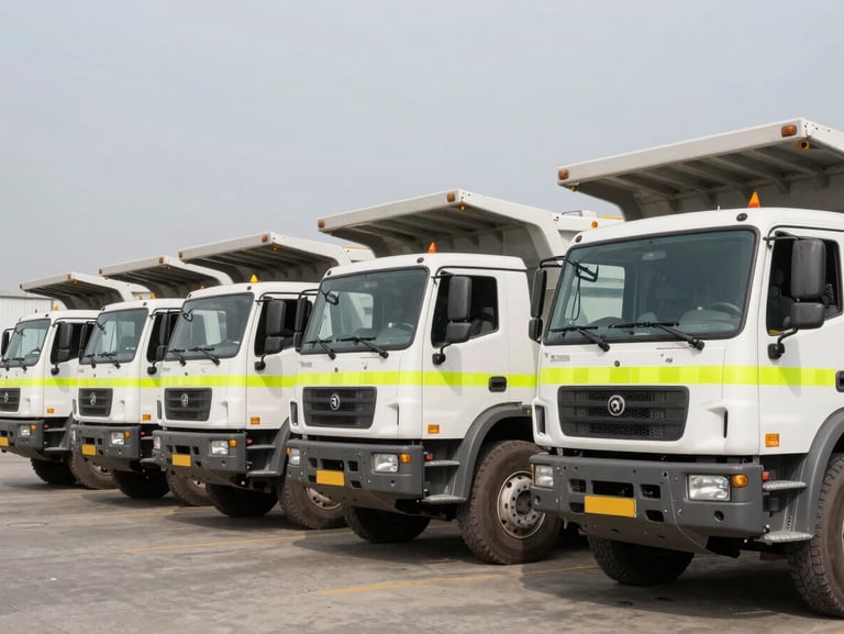 A fleet of white mining trucks with high-visibility safety flags parked in a neat row at an industrial yard, clean composition, natural daylight.