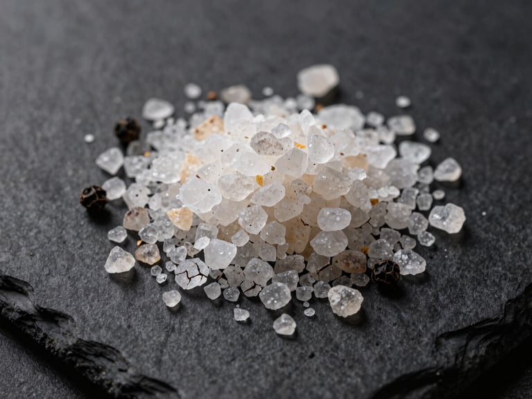 A top-down macro shot of raw, textured sea salt crystals and cracked black pepper on a dark slate surface, dramatic side lighting.