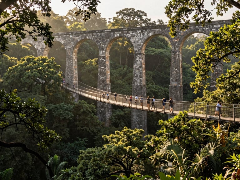 Active travelers walking along a suspension bridge near the top of Arcos del Sitio aqueduct, surrounded by lush green oak trees, soft morning light filtering through the forest canopy.