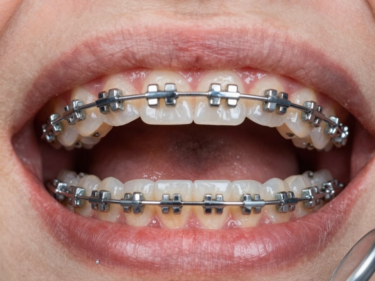 Close-up intraoral photograph of upper arch with ceramic brackets in place, tungsten clinical lighting revealing bracket bonding detail and archwire, documentary framing with dental mirror visible at edge