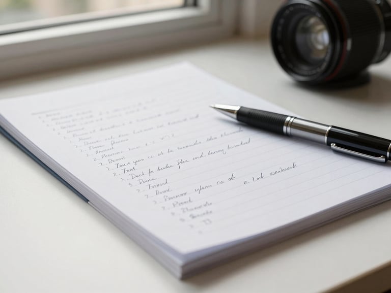 Close macro of a handwritten script page with directional notes in the margin, lying on a white desk under bright window light, a pen resting diagonally across the paper