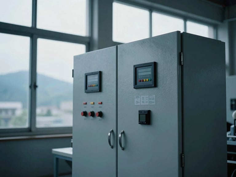 An industrial control panel inside a clean manufacturing facility, cool diffused daylight through high windows