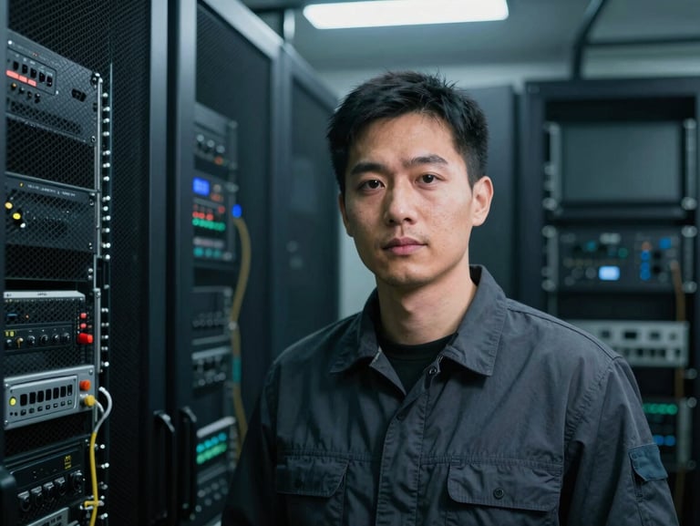 Cool industrial tech portrait of a male engineer in a dark work shirt, low-key server room lighting, sharp focus, 35mm.