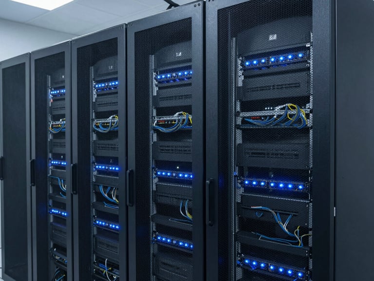 Clean structured server room with immaculate cabling, cool blue indicator lights glowing in the dark