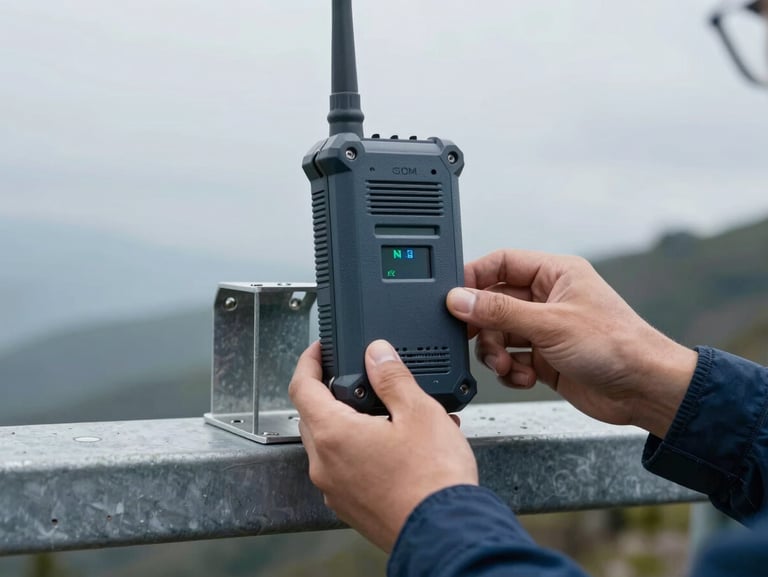 Hands of a technician installing a ruggedized outdoor wireless receiver on a steel mount, overcast sky background