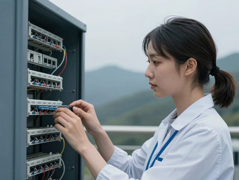 Cool industrial tech portrait of a female engineer looking at a physical networking panel, cool diffused daylight, sharp focus, 35mm.