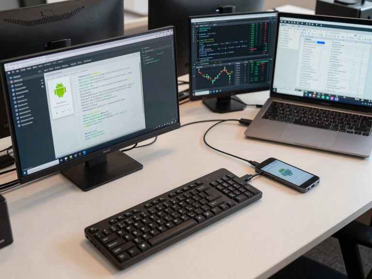 Wide overhead view of a developer workstation: open terminal windows showing Android test runner output, a physical device connected via USB displaying a metrics dashboard, neutral desk surface under bright even overhead lighting, no people