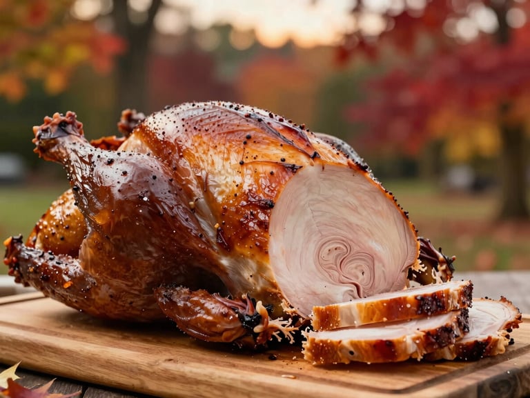 Close-up of a seasonal smoked turkey breast being sliced on a wooden board during an autumn outdoor event, deep amber and red foliage blurred in the background, warm dusk light
