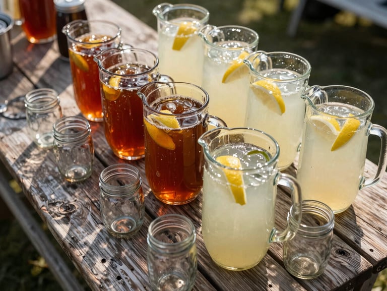 Overhead wide shot of an outdoor event drink station — pitchers of sweet tea and lemonade on a weathered wood table, mason jar glasses, golden afternoon light across the spread