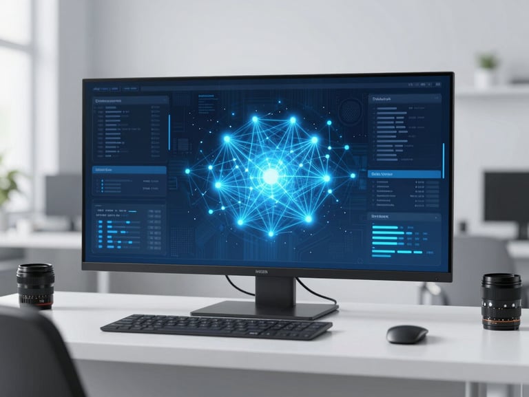 A high-tech digital workspace displaying an AI generative interface, glowing electric blue nodes, abstract neural network overlays, clean modern aesthetic, 35mm lens