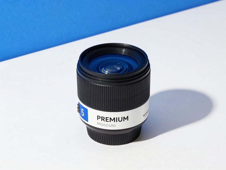 Premium cosmetic packaging mockup on a clean white surface with soft electric blue shadows, studio lighting, sharp focus