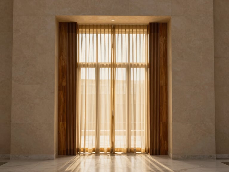 Architectural straight-on shot of a modern Saudi Majlis, warm golden light filtering through sheer curtains, showcasing smooth neutral painted walls and elegant wood cladding transitions.