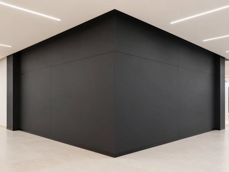 Clean 45-degree corner perspective of a modern retail showroom in Riyadh, sharp gypsum board ceiling lines, flawless matte charcoal paint finish, minimalist styling.