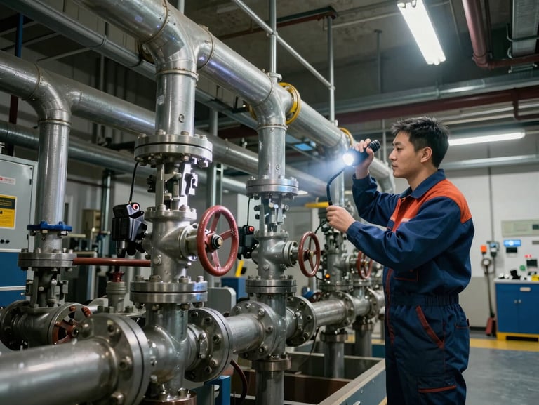 Wide shot inside a commercial mechanical room, exposed overhead pipes and valves, a plumber inspecting a gate valve with a flashlight, industrial ceiling visible above