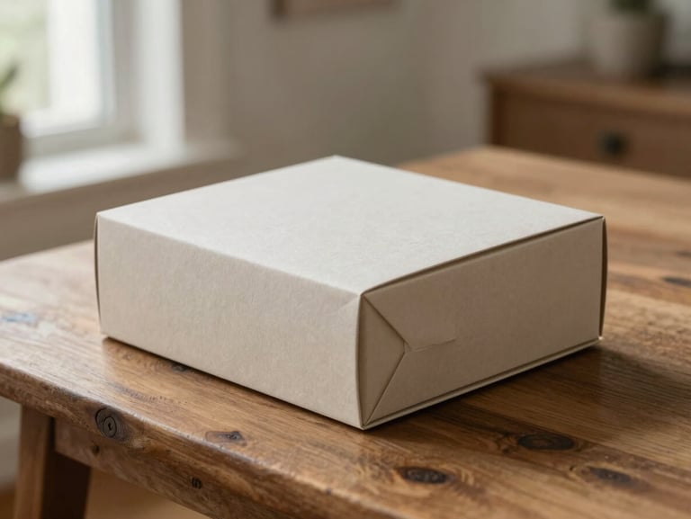 A minimalist, elegant packaging box crafted from textured paper, resting on a rustic wooden table in a brightly lit DC townhouse, soft side lighting.