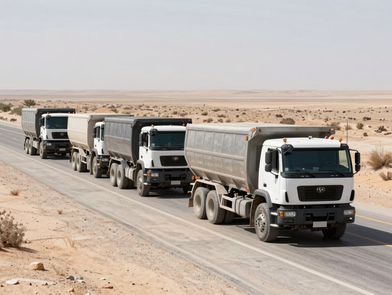 Wide-angle environmental shot of a convoy of heavy-duty transport trucks moving across a desert highway, bright daylight, high-contrast concrete and steel tones