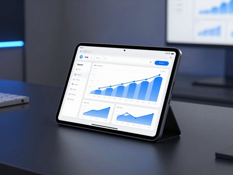 Sleek tech photography of a modern minimalist Android device mockup on a dark workspace. The screen displays a high-contrast system utility interface with electric blue graphs. Cool ambient studio lighting with neon blue accents, shallow depth of field.