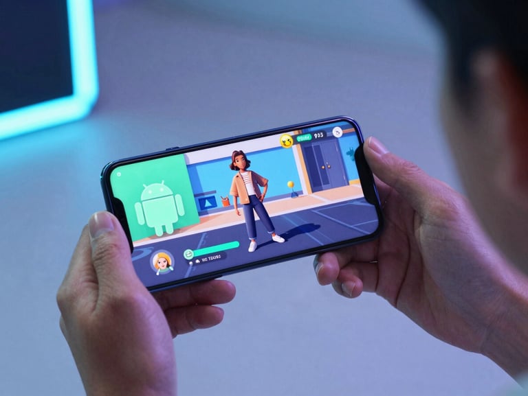 Over-the-shoulder perspective of a hand holding an Android phone displaying a vibrant casual game with neon mint accents. Cool ambient studio lighting, sleek tech photography, shallow depth of field.