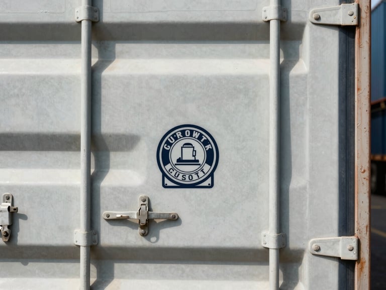 Top-down macro shot of a sealed shipping container lock with official customs seal, pristine metal details, bright daylight, maritime cargo focus.