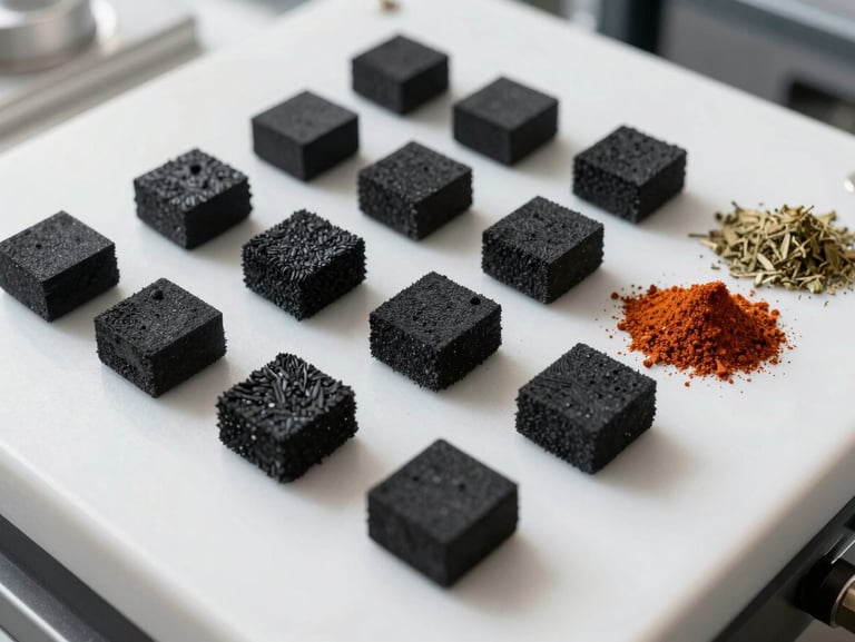 A top-down macro shot of graded spices and moisture-tested coconut charcoal briquettes on a clean, white industrial inspection table, bright daylight.